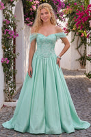 Load image into Gallery viewer, Mint Green A-Line Sparkly Beaded Off the Shoulder Long Prom Dress