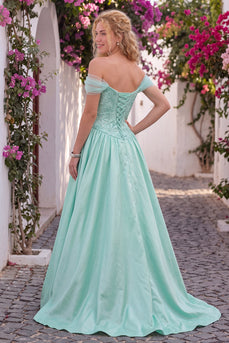 Mint Green A-Line Sparkly Beaded Off the Shoulder Long Prom Dress