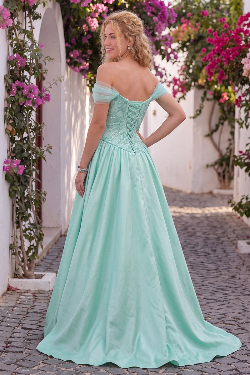 Load image into Gallery viewer, Mint Green A-Line Sparkly Beaded Off the Shoulder Long Prom Dress