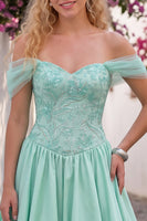 Load image into Gallery viewer, Mint Green A-Line Sparkly Beaded Off the Shoulder Long Prom Dress