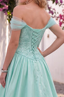 Load image into Gallery viewer, Mint Green A-Line Sparkly Beaded Off the Shoulder Long Prom Dress