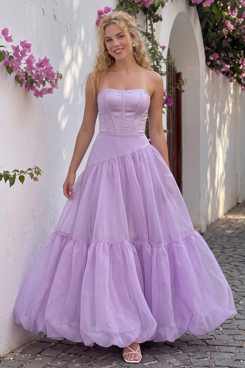 Load image into Gallery viewer, Lilac Corset A Line Strapless Long Bubble Prom Dress