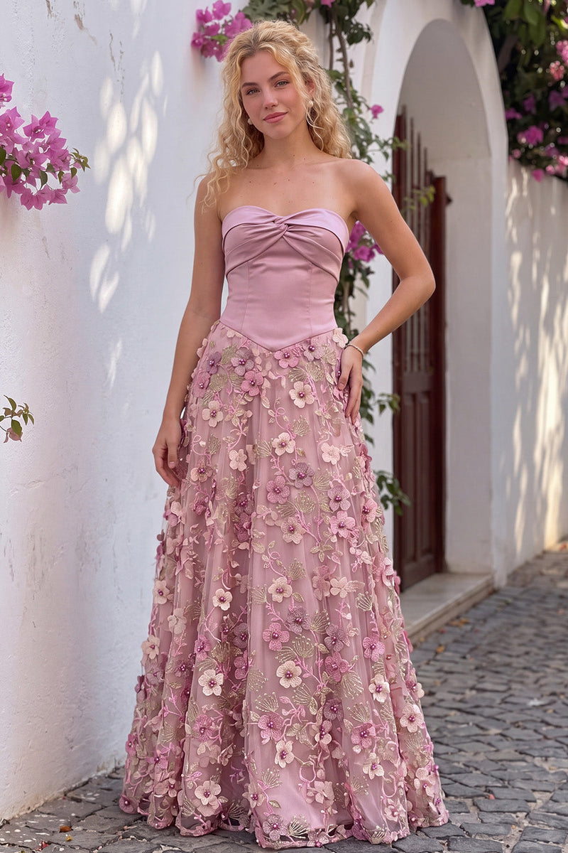 Queendancer Women Sparkly Dusty Rose Long Prom Dress with 3D Flowers ...
