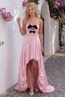 Load image into Gallery viewer, Blush Pink Satin A Line Strapless High-Low Prom Dress with Bow