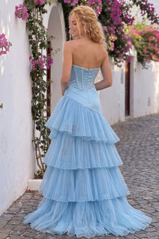 Sparkly Sky Blue Sweetheart Corset Ruffled High-Low Prom Dress with Rhinestone