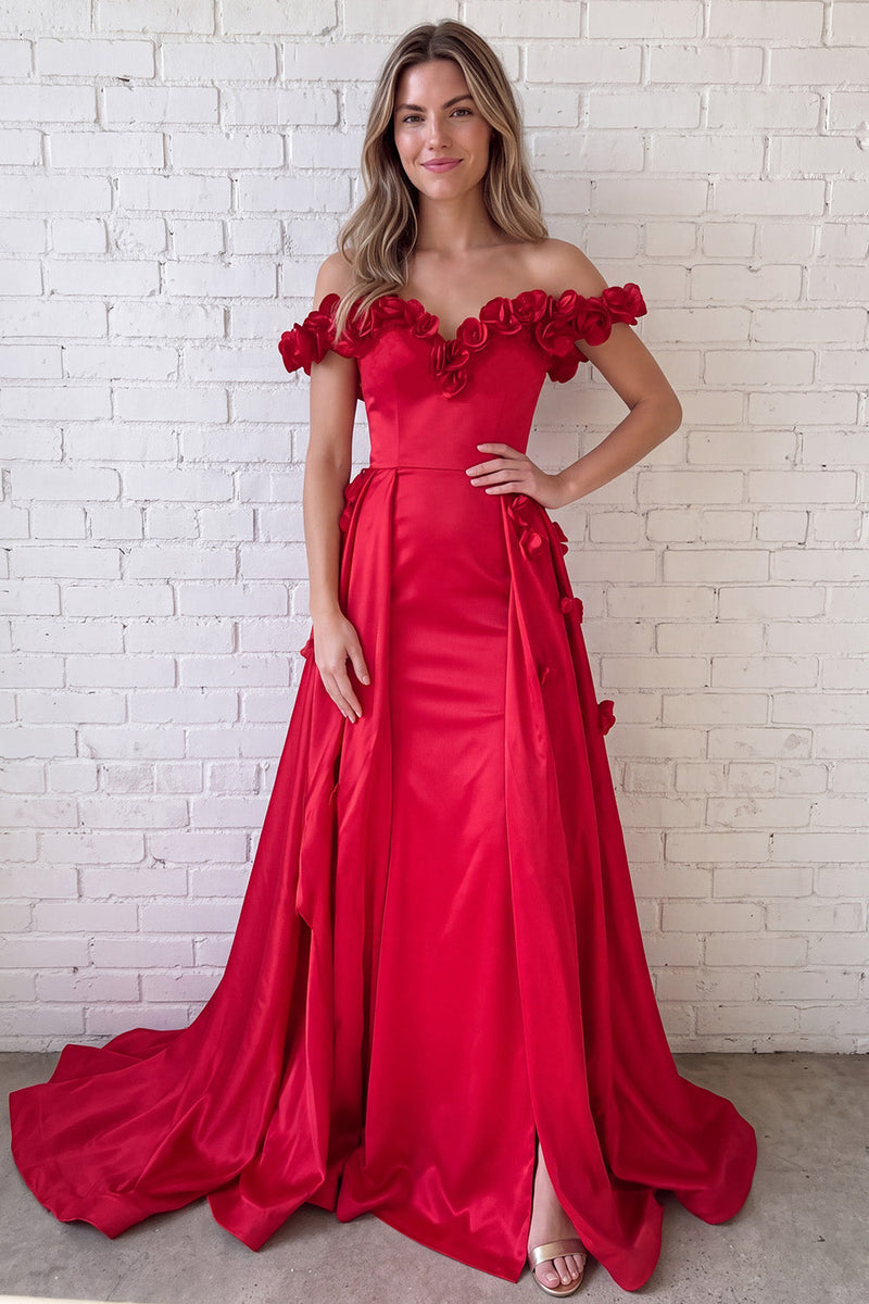 Load image into Gallery viewer, Red A Line Off the Shoulder Long Prom Dress with 3D Flowers