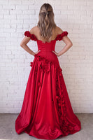 Load image into Gallery viewer, Red A Line Off the Shoulder Long Prom Dress with 3D Flowers