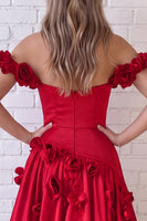 Load image into Gallery viewer, Red A Line Off the Shoulder Long Prom Dress with 3D Flowers