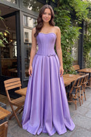 Load image into Gallery viewer, Purple Corset A-Line Satin Sweetheart Long Prom Dress with Pearls