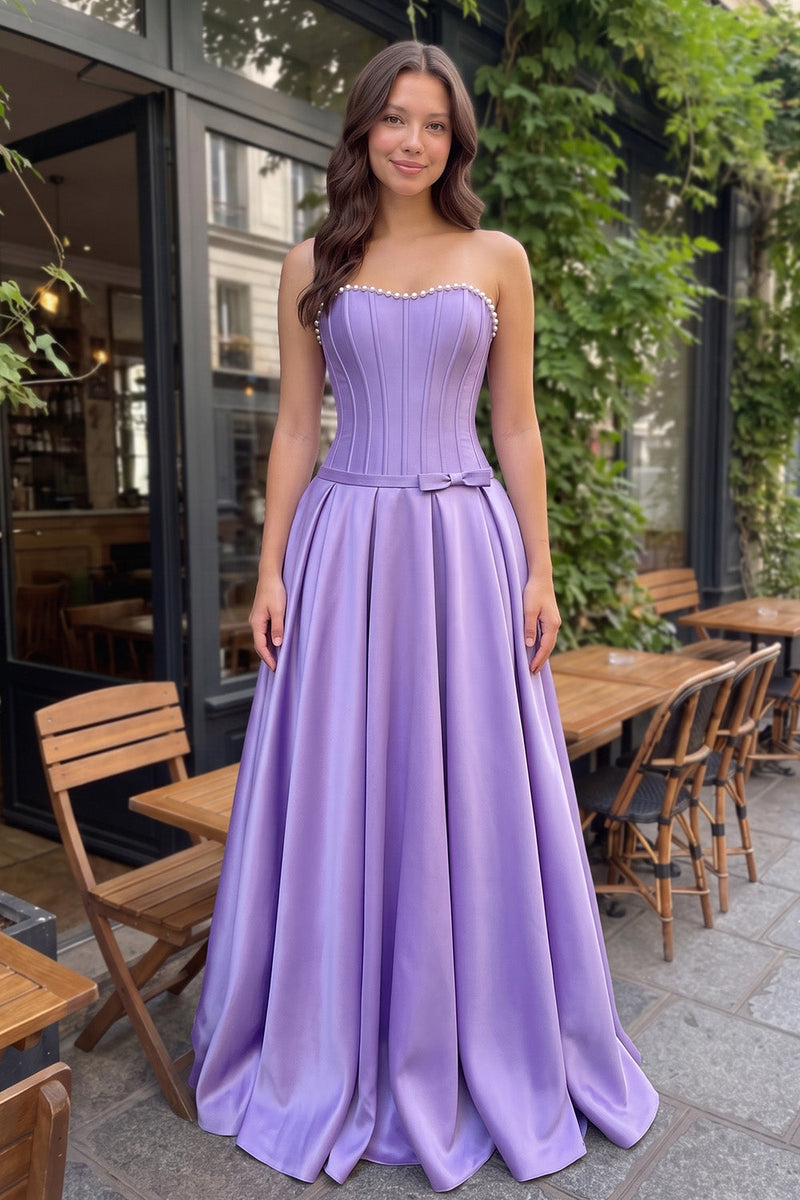 Load image into Gallery viewer, Purple Corset A-Line Satin Sweetheart Long Prom Dress with Pearls