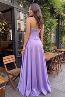 Load image into Gallery viewer, Purple Corset A-Line Satin Sweetheart Long Prom Dress with Pearls