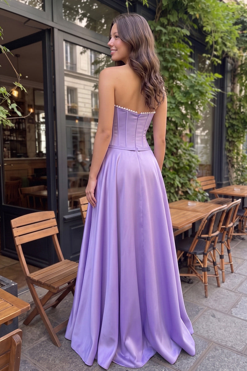 Load image into Gallery viewer, Purple Corset A-Line Satin Sweetheart Long Prom Dress with Pearls