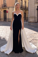 Load image into Gallery viewer, Black White Velvet Mermaid Sweetheart Long Prom Dress with Cape