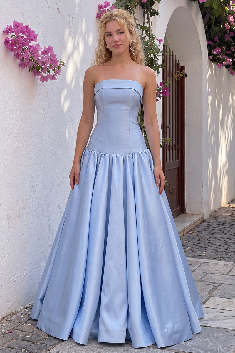 Load image into Gallery viewer, Light Blue Satin A-Line Strapless Long Prom Dress