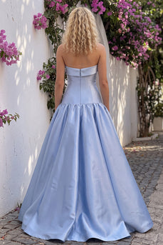 Light Blue Satin A-Line Strapless Long Prom Dress