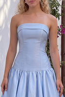 Load image into Gallery viewer, Light Blue Satin A-Line Strapless Long Prom Dress