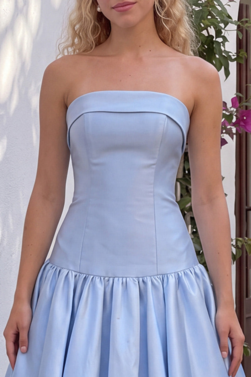 Load image into Gallery viewer, Light Blue Satin A-Line Strapless Long Prom Dress