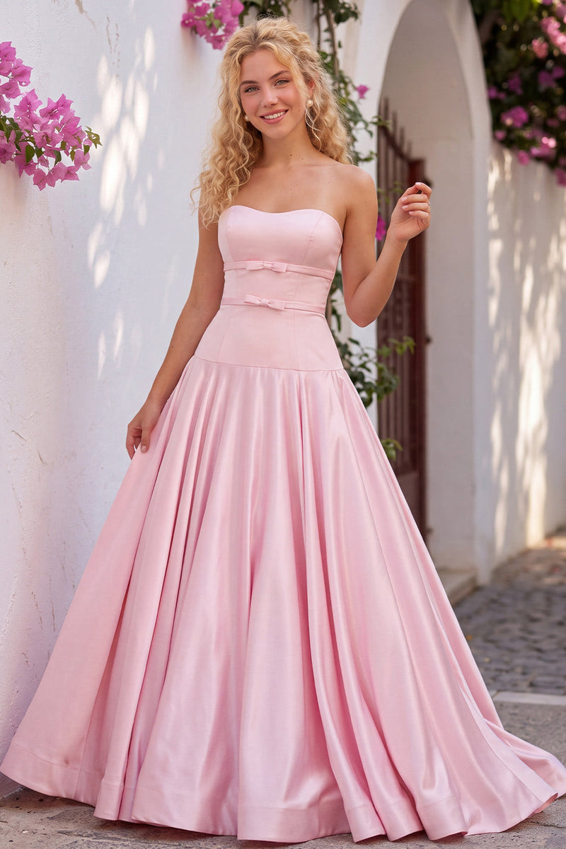 Load image into Gallery viewer, Light Pink Sweetheart Satin A-Line Long Prom Dress with Bow