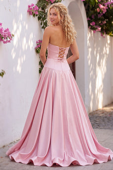 Light Pink Sweetheart Satin A-Line Long Prom Dress with Bow