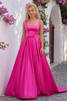 Load image into Gallery viewer, A-Line Fuchsia Square Neck Satin Long Prom Dress with Bow