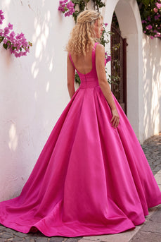 A-Line Fuchsia Square Neck Satin Long Prom Dress with Bow