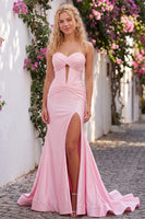 Load image into Gallery viewer, Ruched Light Pink Corset Sweetheart Mermaid Long Prom Dress with Slit