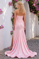 Load image into Gallery viewer, Ruched Light Pink Corset Sweetheart Mermaid Long Prom Dress with Slit