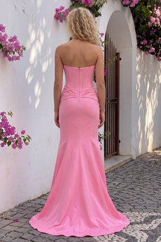Beaded Pink Corset Ruched Mermaid Long Prom Dress with Slit