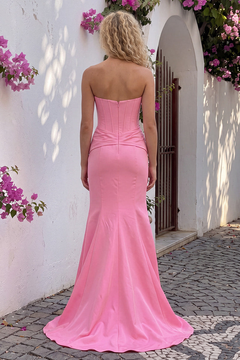 Load image into Gallery viewer, Beaded Pink Corset Ruched Mermaid Long Prom Dress with Slit