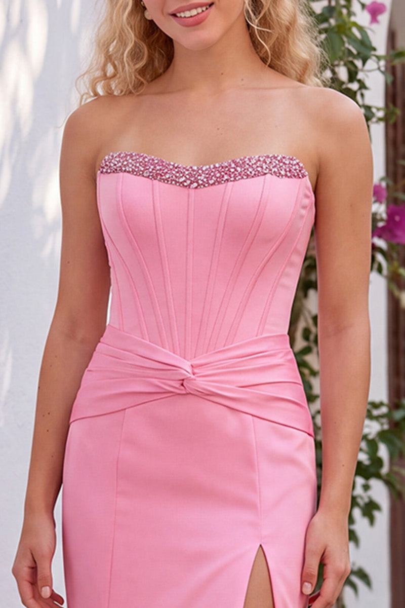 Load image into Gallery viewer, Beaded Pink Corset Ruched Mermaid Long Prom Dress with Slit
