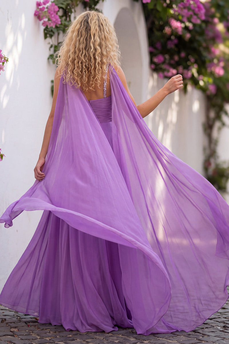 Load image into Gallery viewer, Pleated Lilac Beaded A-Line Ruched Long Prom Dress with Keyhole