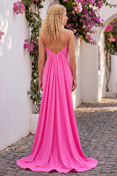 Sparkly Fuchsia Beaded Spaghetti Straps Mermaid Long Prom Dress with Cape