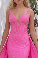 Load image into Gallery viewer, Sparkly Fuchsia Beaded Spaghetti Straps Mermaid Long Prom Dress with Cape