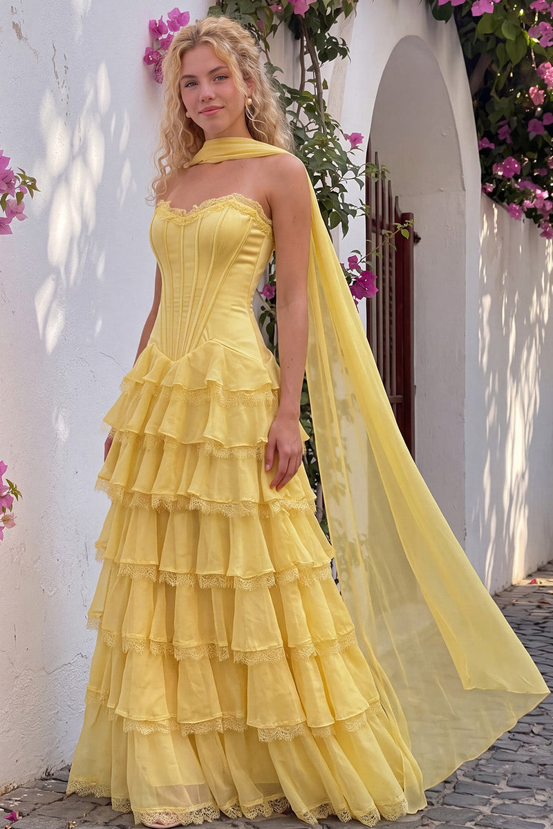 Queendancer Women Ruffled Yellow Corset Long Prom Dress with Lace ...