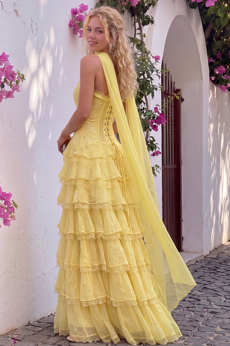 Queendancer Women Ruffled Yellow Corset Long Prom Dress with Lace ...