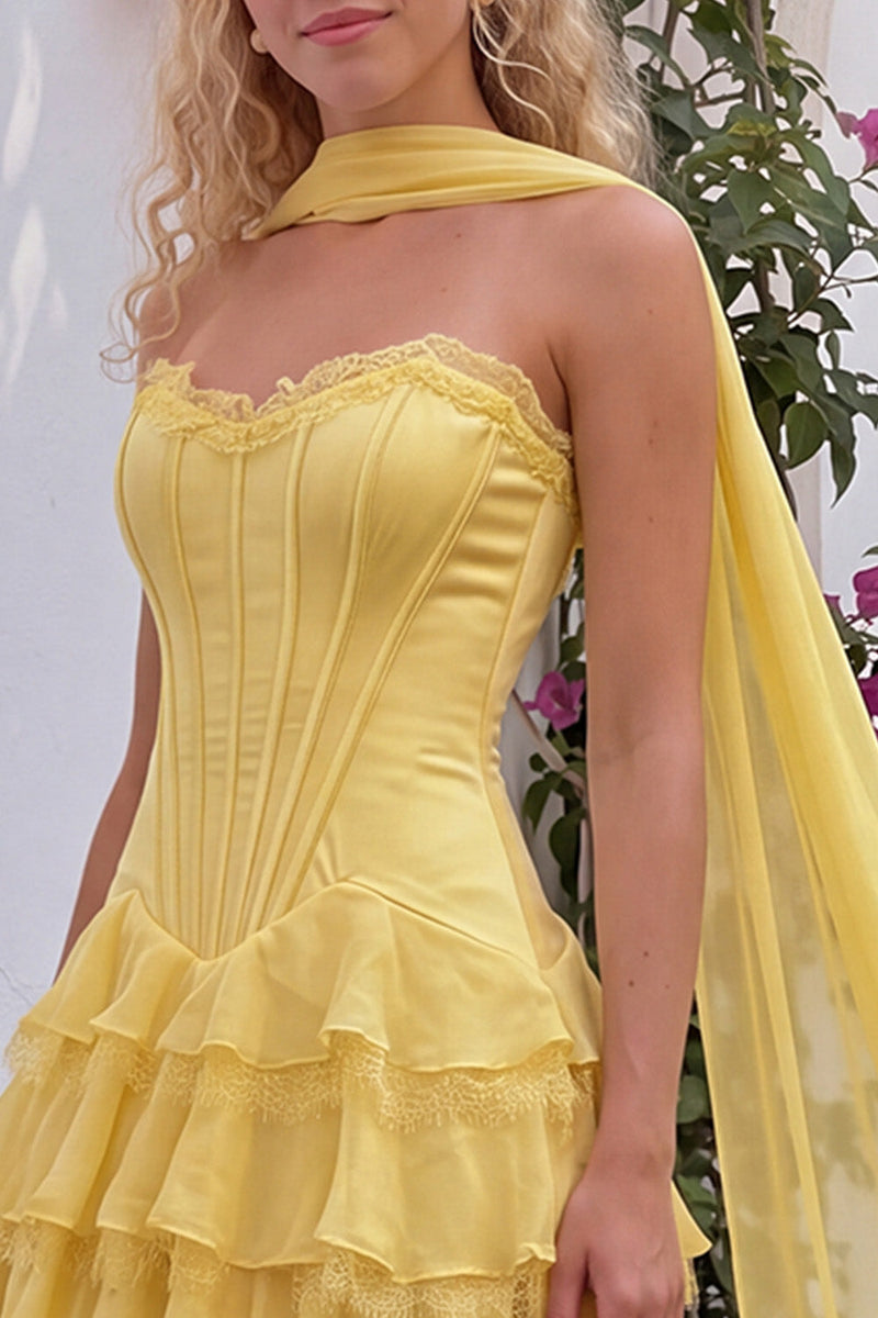 Load image into Gallery viewer, Corset Yellow A Line Sweetheart Ruffled Long Prom Dress with Neck Scarf