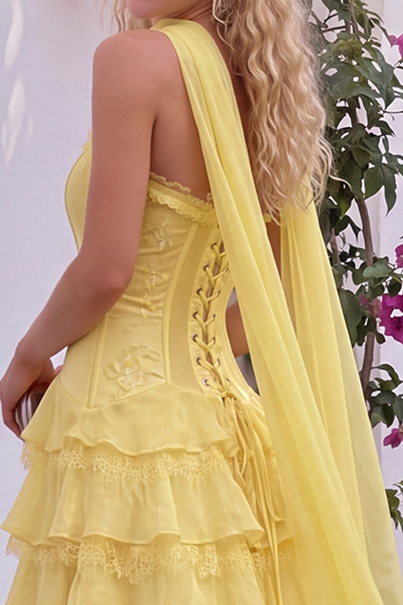 Load image into Gallery viewer, Corset Yellow A Line Sweetheart Ruffled Long Prom Dress with Neck Scarf