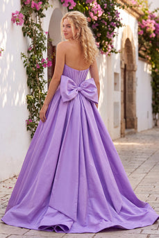 Lilac Corset Strapless A Line Ruched Long Prom Dress with Bow