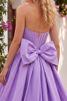 Load image into Gallery viewer, Lilac Corset Strapless A Line Ruched Long Prom Dress with Bow