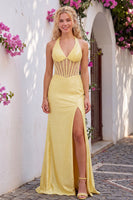 Load image into Gallery viewer, Sparkly Bright Yellow Mermaid Halter Beaded Corset Long Prom Dress with Slit