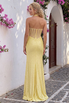 Sparkly Bright Yellow Mermaid Halter Beaded Corset Long Prom Dress with Slit