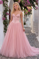 Load image into Gallery viewer, Corset Blush Pink A Line Spaghetti Straps Long Prom Dress with Bow