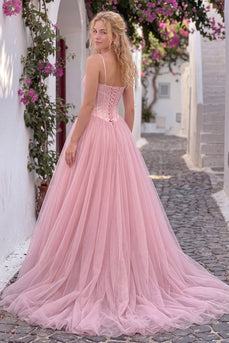 Corset Blush Pink A Line Spaghetti Straps Long Prom Dress with Bow