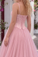Load image into Gallery viewer, Corset Blush Pink A Line Spaghetti Straps Long Prom Dress with Bow