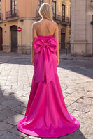 Load image into Gallery viewer, Fuchsia Satin Mermaid Strapless Long Prom Dress with Bow`