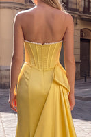 Load image into Gallery viewer, Beaded Yellow Satin Strapless Corset Long Prom Dress with Pearls