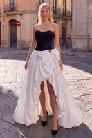 Load image into Gallery viewer, Black White Patchwork Strapless Satin High-Low Prom Dress with Bow