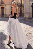 Load image into Gallery viewer, Black White Patchwork Strapless Satin High-Low Prom Dress with Bow