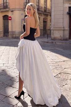 Black White Patchwork Strapless Satin High-Low Prom Dress with Bow