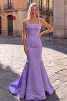 Load image into Gallery viewer, Mermaid Taro Purple Satin Square Neck Long Prom Dress with Pearls